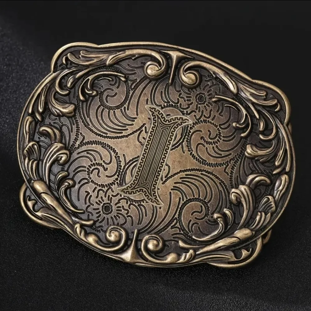 Western Initial “I” Belt Buckle – Monogram Floral Scroll – Cowboy Cowgirl